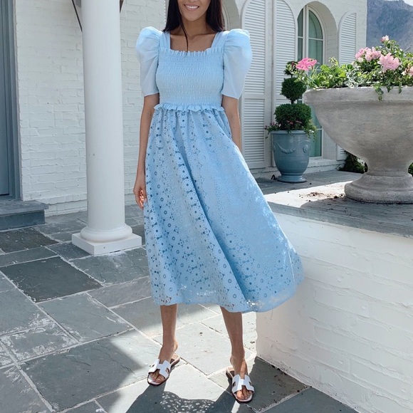 NEW Rachel Parcell Blue Smocked Lace Midi Dress - Picture 1 of 8
